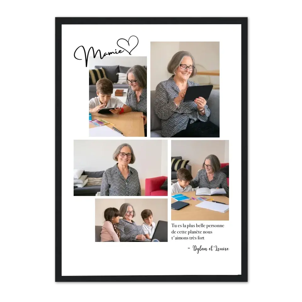 Mosaïque 5 photos Mamie - Affiche personnalisée Cadre-Vertical-Noir-Ed.-Limité-75x100-cm Jetaimeparis France