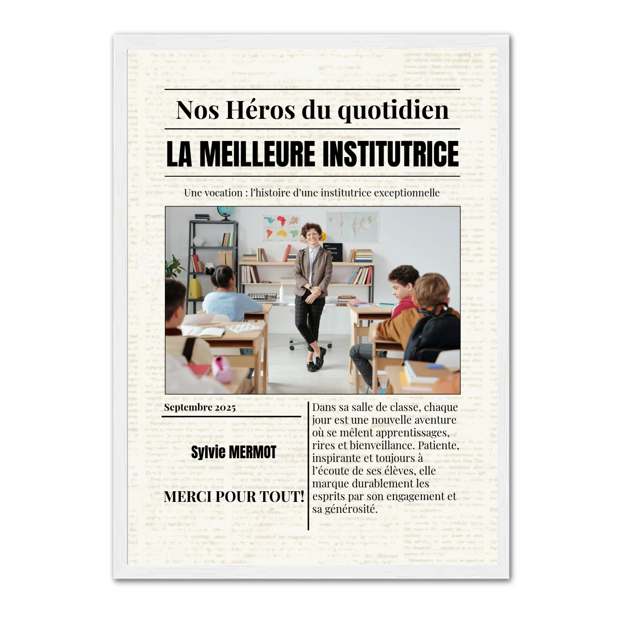 Journal métiers "Nos Héros" - Affiche personnalisée Cadre Vertical / Blanc / Ed. Limité : 75x100 cm Jetaimeparis France