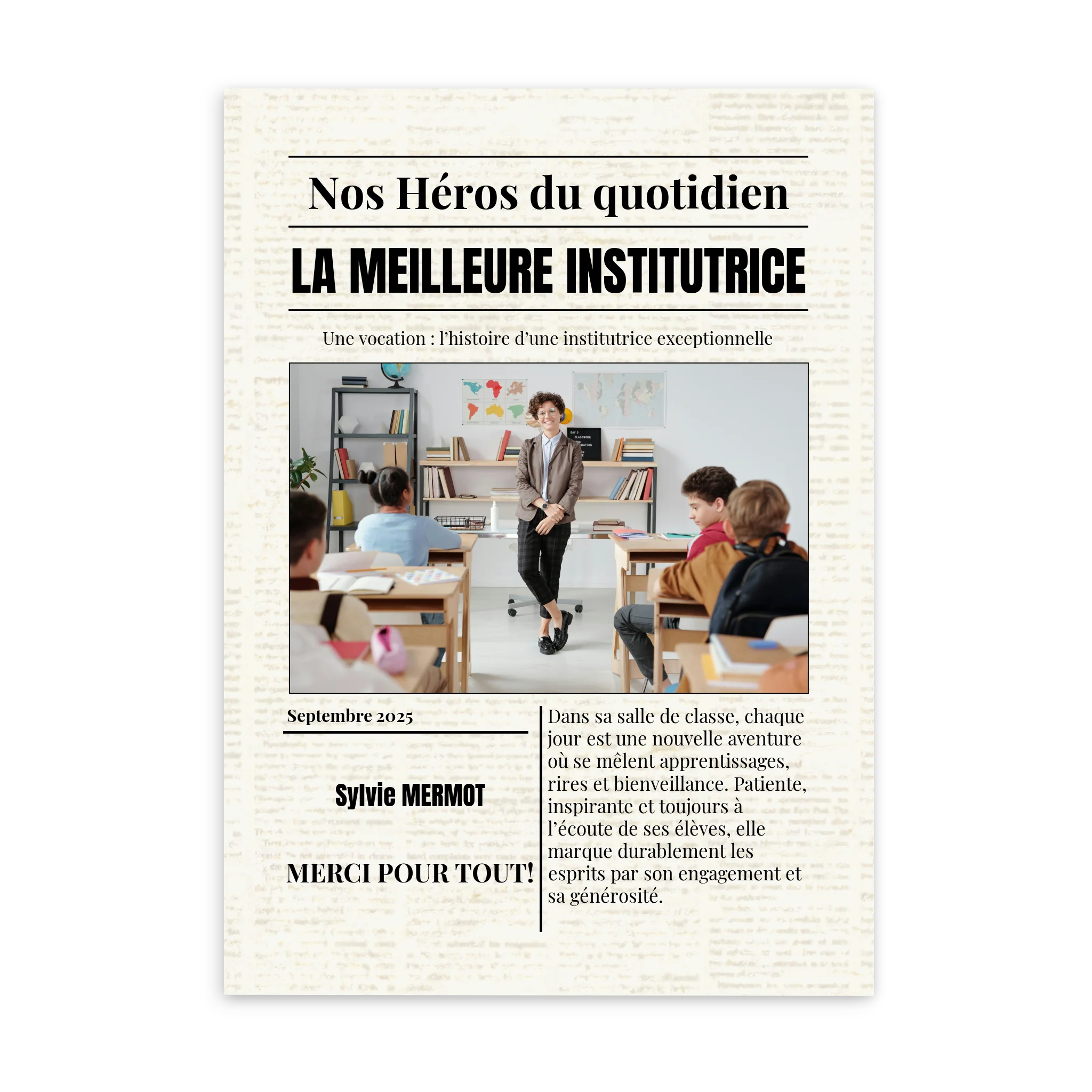 Journal métiers "Nos Héros" - Affiche personnalisée Cadre Vertical / Poster sans cadre / 50x70 cm Jetaimeparis France