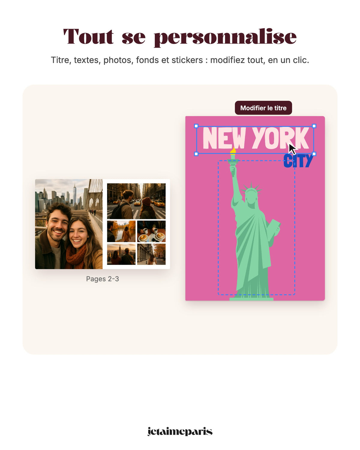 Titre, textes, photos, fonds et stickers personnalisables