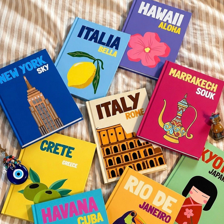 Albums photo souvenir imprimés : New York, Italia, Hawaii, Marrakech, Italy Rome, Crete, Havana, Rio de Janeiro, Kyoto